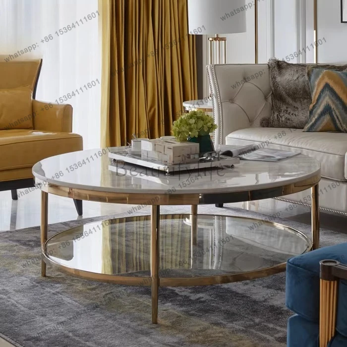 

Light luxury post-modern round marble coffee table creative stainless steel glass metal customization