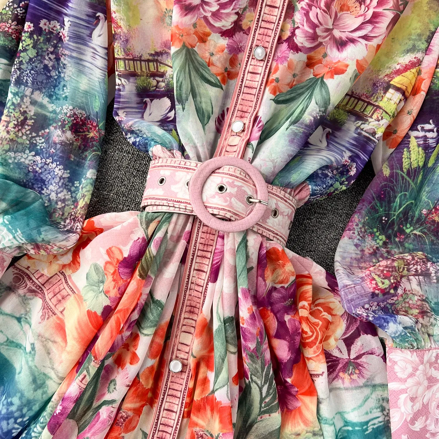 Spring Summer Holiday Gorgeous Flower Chiffon Dresses Women\'s Stand Long Lantern Sleeve Belt Floral Print Loose Robe Vestidos