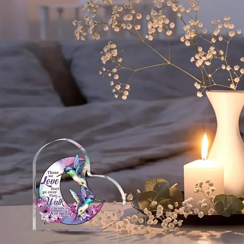 Hummingbird Moon Those We Love Don't Go Away Heart Acrylic Plaque,Remembrance Memorial Hummingbird Acrylic Table Sign Gift
