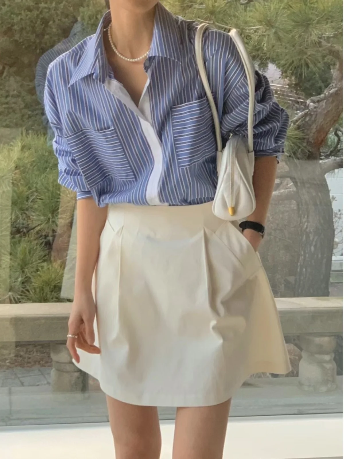 

Элегантная женская рубашка в синюю полоску, весна 2024, модная, прямого кроя, с длинным рукавом, классический воротник, стандартная длина