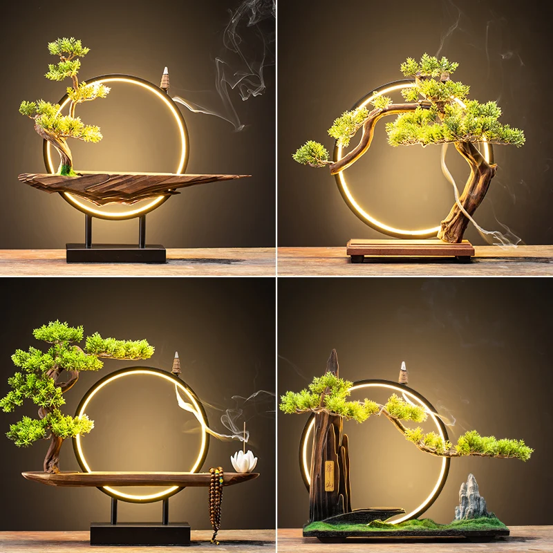 

New Chinese Style Zen Ornament Base Solid Wood Home Decoration Living Room Office Hallway Study Iron Lamp Circle