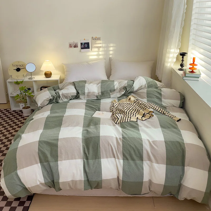 Geometric Grid Cotton Duvet Cover Green Grey Plaid Reversible Print Comforter Cover Fashion Simple Home Bedroom Soft Quilt Cover