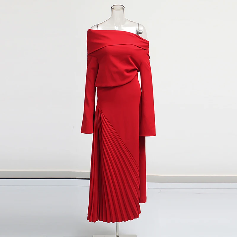 TWOTWINSTYLE Solid Patchwork Pleated Split Dress For Women Slash Neck Long Sleeve High Waist Temperament Dresses Female Style