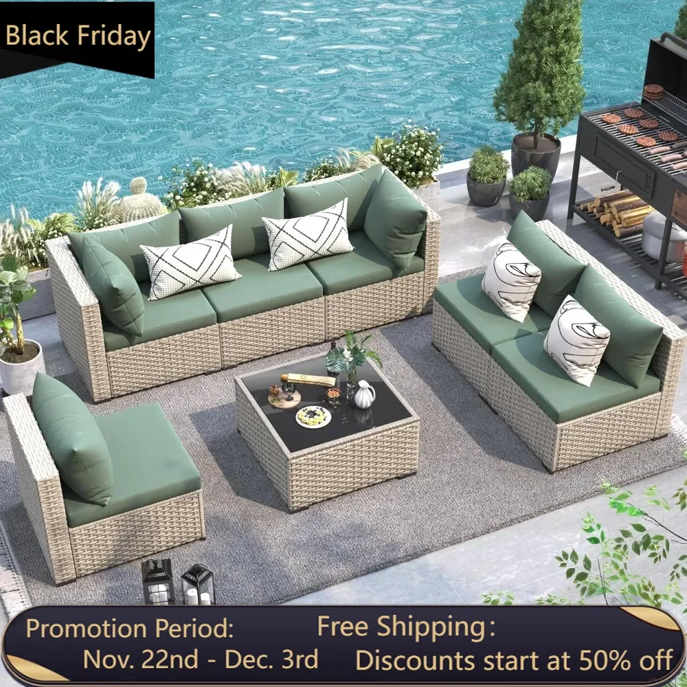 

Courtyard furniture set, outdoor rattan modular segmented sofa set of 7 pieces, suitable for porch, garden, backyard, gray/green