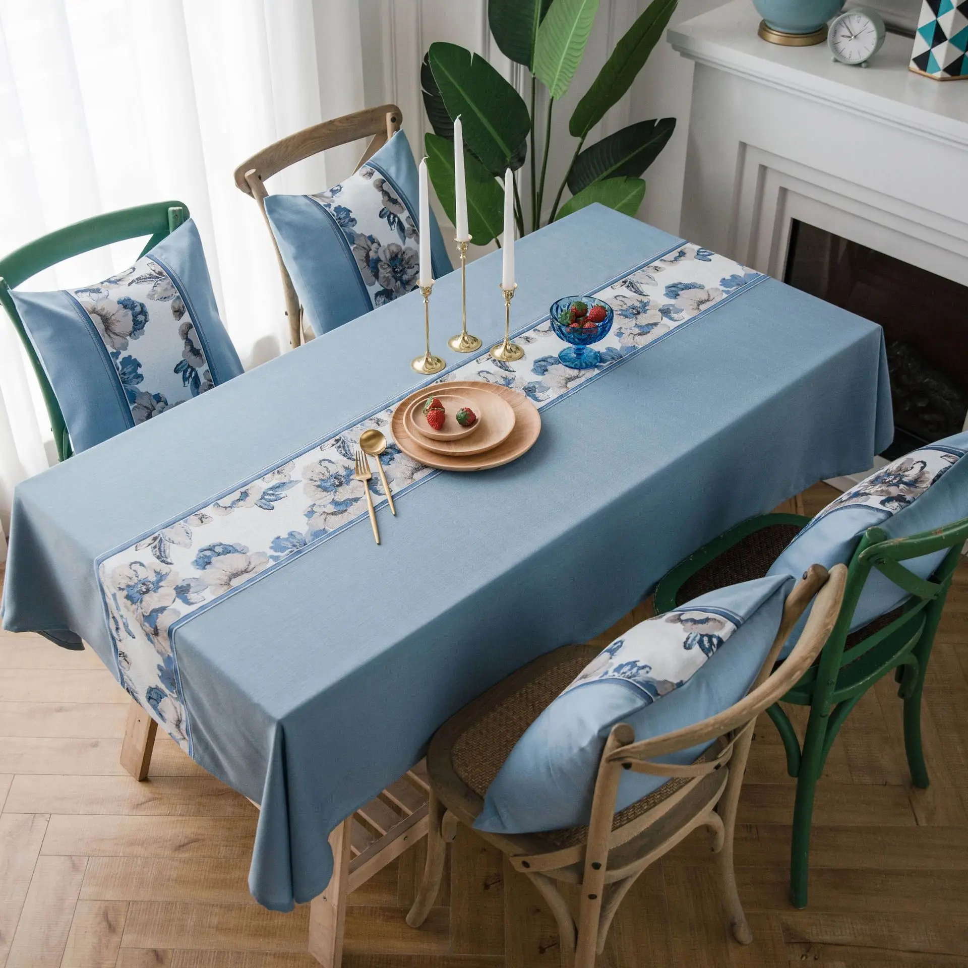 

Pastoral Style Blue Embroidered Imitation Cotton And Linen Tablecloth Party Artistic Dining Tablecloth Tablecloth Vintage Coffee