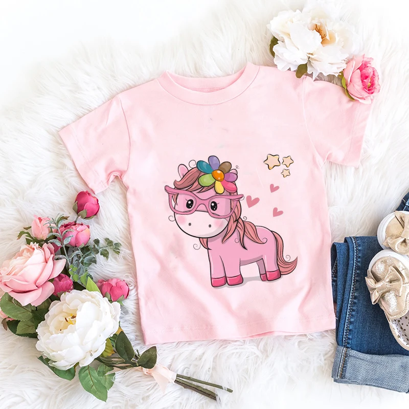 Camisetas con estampado Floral de unicornio para niños y niñas, ropa de manga corta con dibujos animados, trajes de verano