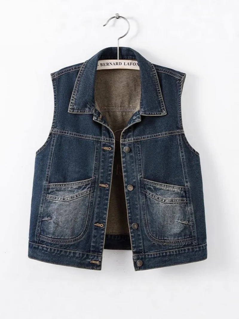 Women's Large Pocket Denim Vest Short Style Spring Autumn Trend Slimming Fashionable Casual Wear for 2026