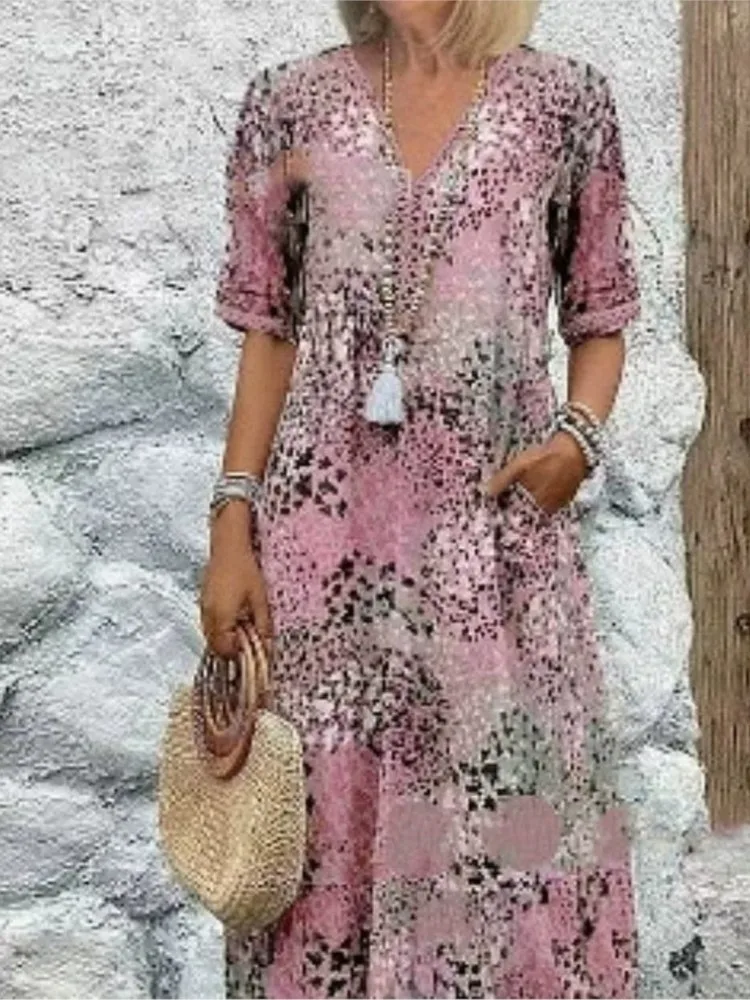 Letnie Nowe Sukienki Midi w Stylu Vintage dla Kobiet 2025 Boho z Kwiatowym Nadrukiem Luźna Długa Sukienka Codzienna z Krótkim Rękawem i Dekoltem w Serek Szlafrok