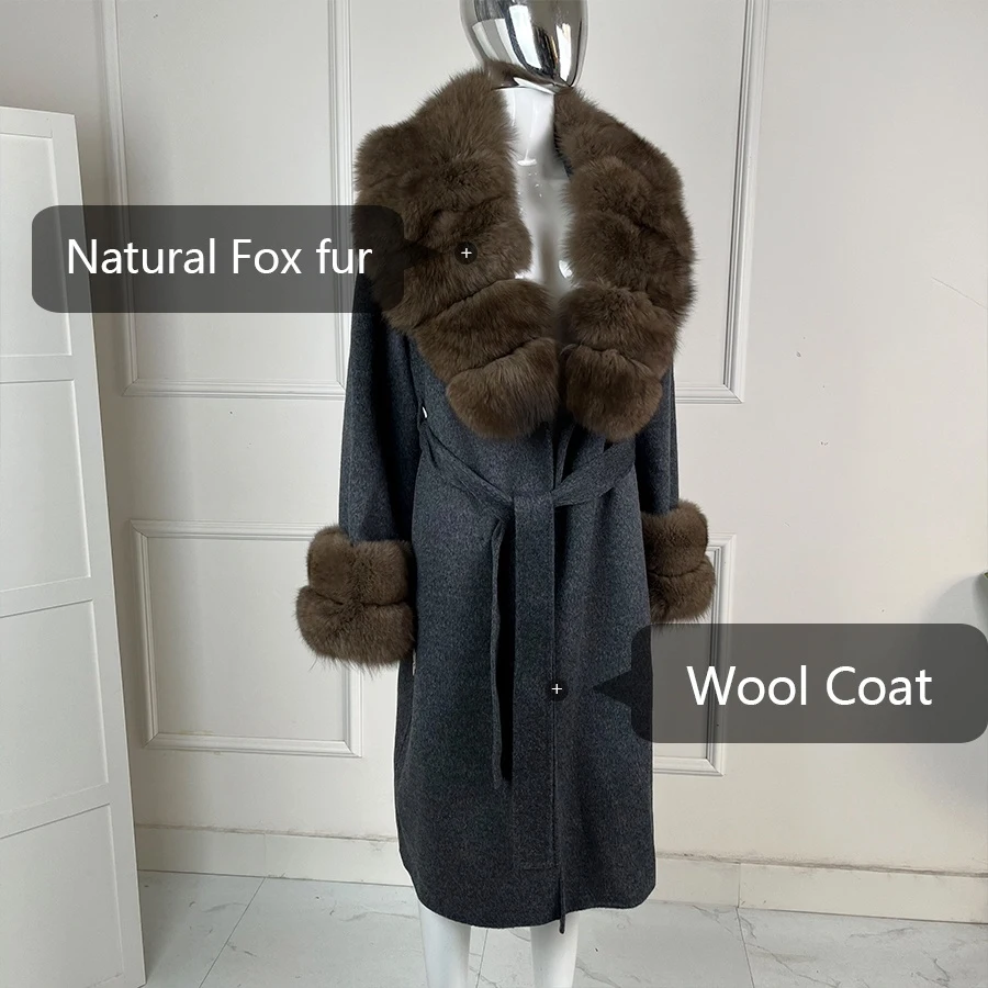 Mantel aus Wollmischung, echte Fuchspelzjacke mit Gürtel, langer Kaschmir-Wollmantel, luxuriöse Woll-Trenchcoats