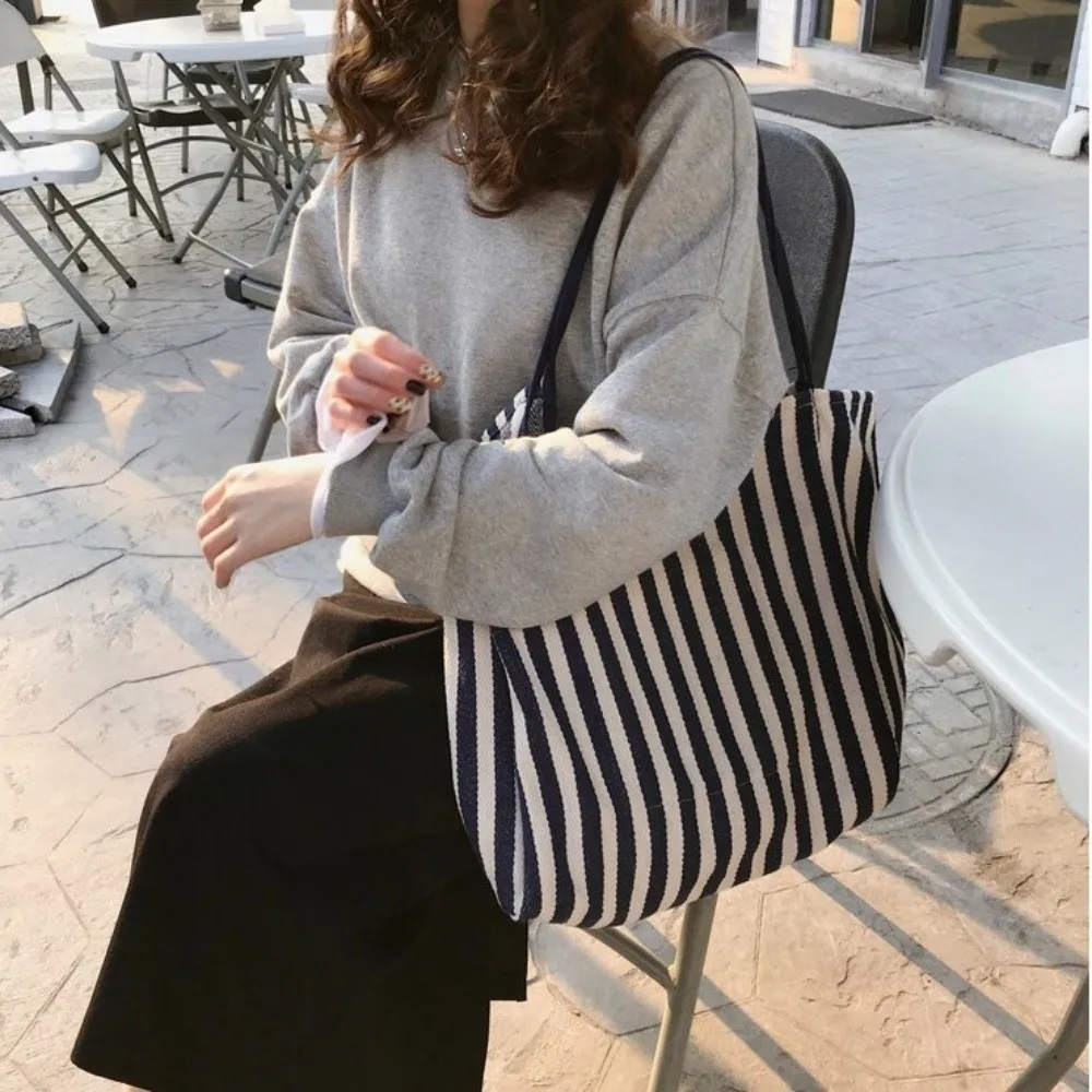 

Vintage Multifunctional Stripe Handbag Large Capacity Korean Style Canvas Shoulder Bag Square Tote Bag Shopping Bag Women