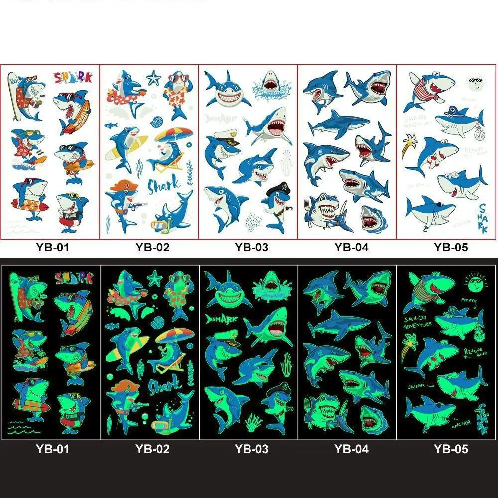 子供のための明るい夜の入れ墨のステッカー,漫画のキャラクター,5ピース/セット,新しい魚のイルカ,一時的な防水,ボディアート,子供のための