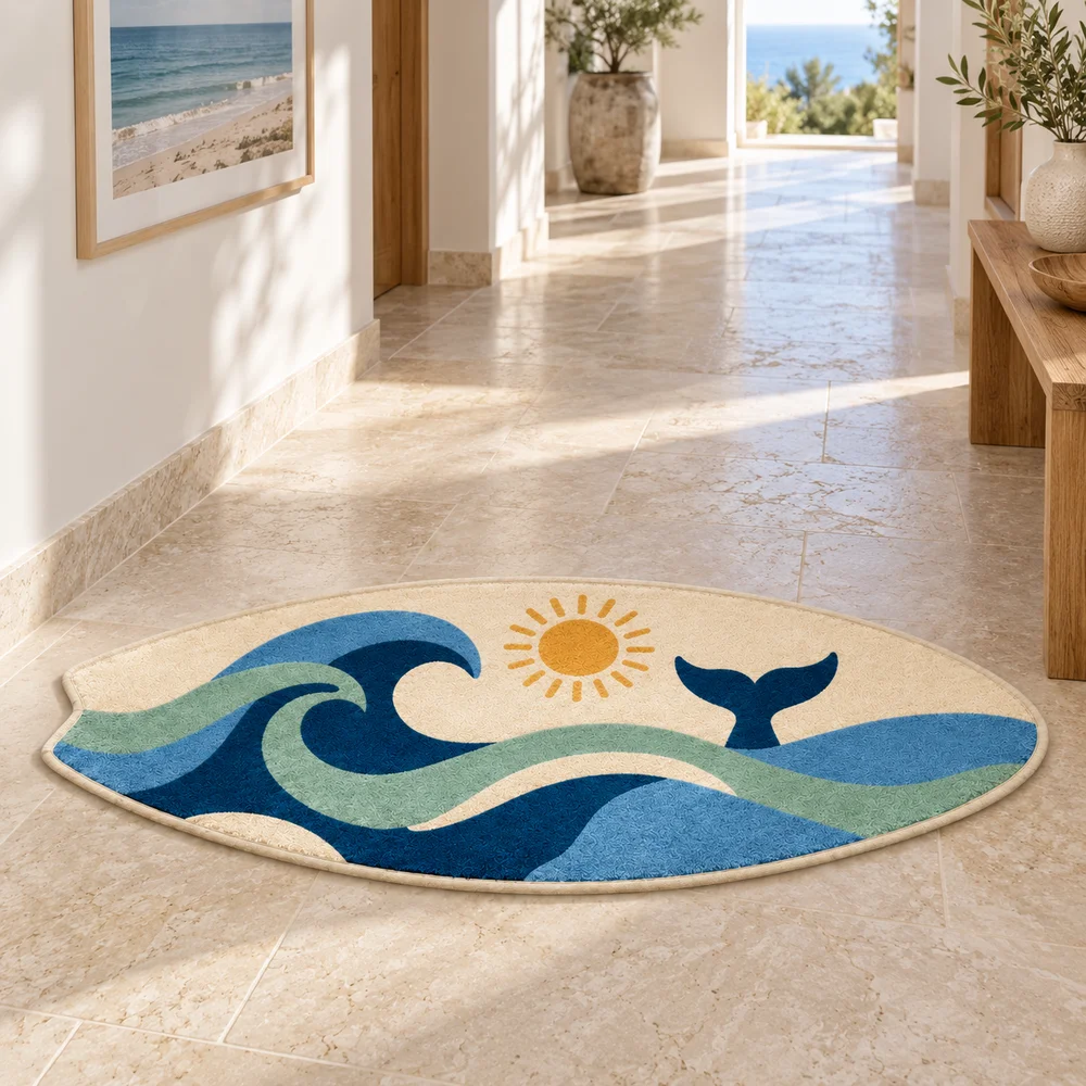 Ocean Wave Surfboard Shaped Area Rug Soft Short Plush Whale Tail Coastal Floor Mat for Bathroom Bedroom Living Room Home Decor
