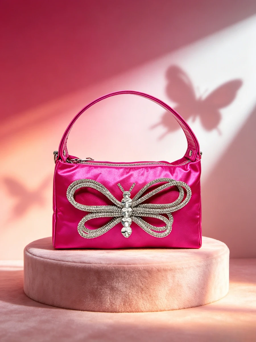 Bolso de mano mini tipo clutch con asa superior y pedrería de mariposa grande de satén fucsia 2026 para mujer, ideal para noche romántica, bodas o citas.