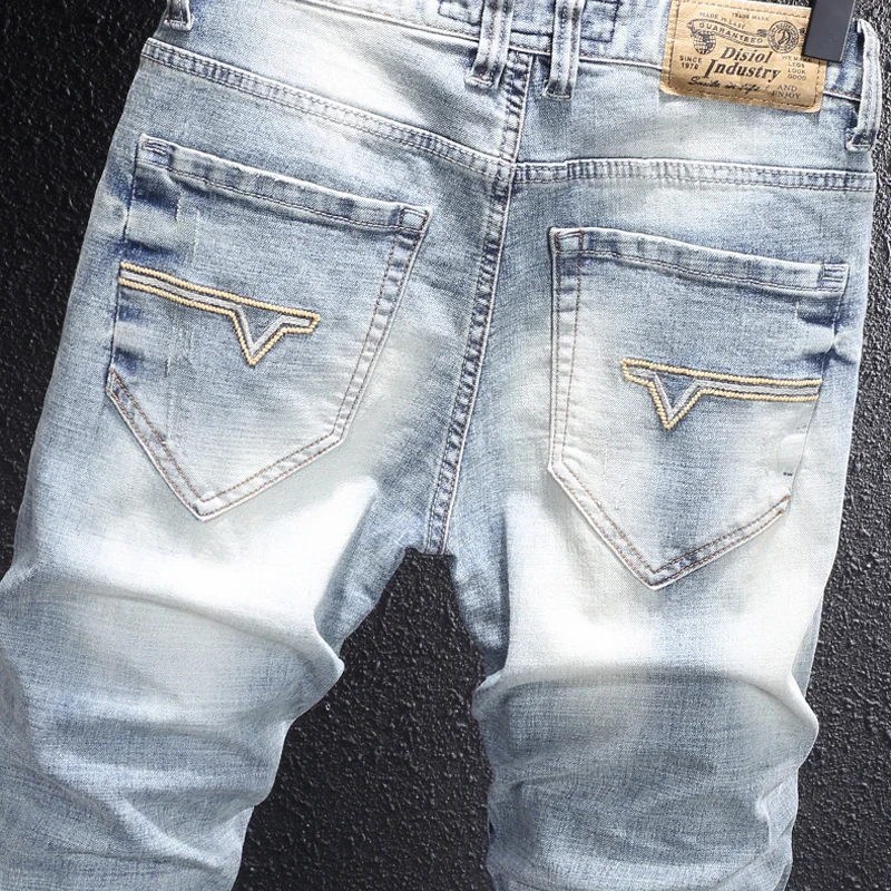 Men Vintage Light Washed Faded Skinny Jeans Mid Waist Stacked Wrinkle Stretch Denim Pants Men Casual Street Slim Fit Long Trouse
