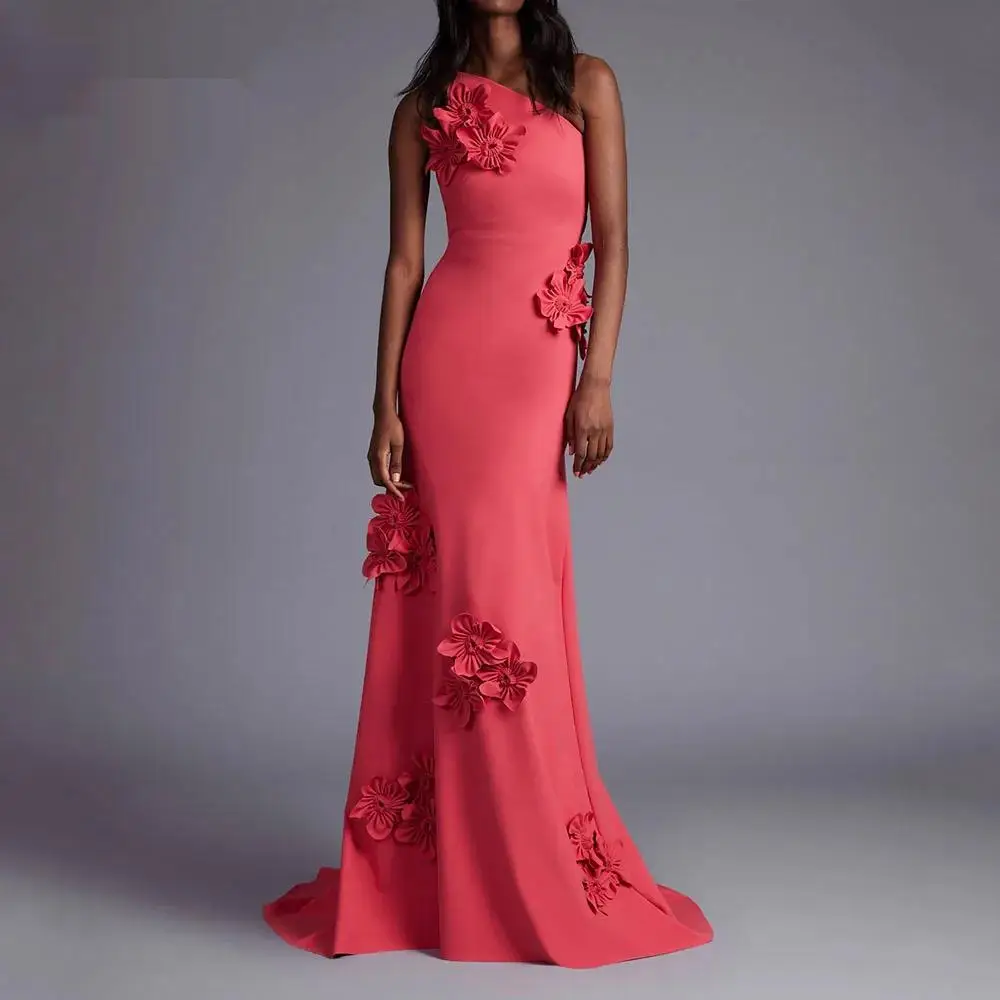 

One-Shoulder 3D Flowers Mermaid 2024 Slim Long Crepe Ocassion Gown Floor-Length Evening Dress