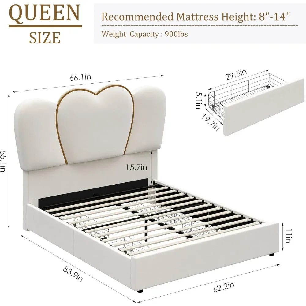 Queen LED Bed Frame,Modern Velvet Upholstered Platform Bed with 55