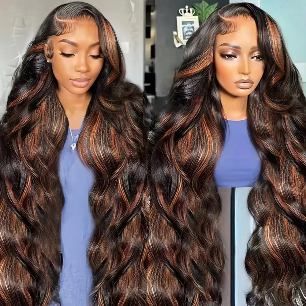 FB 30 Body Wave 13x6 Lace Front Echthaarperücken Braun mit Highlights 13x4 HD Lace Frontal Perücke Echthaar 40 Zoll für Damen