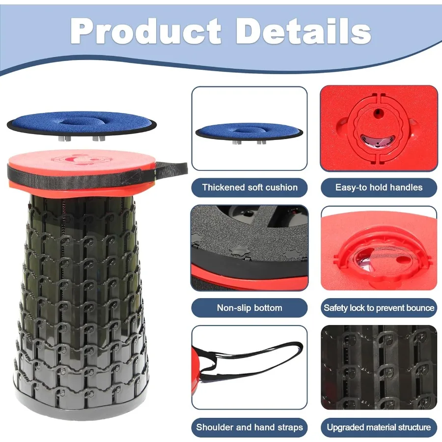 2025 Upgraded XXL 19.7 Collapsible Stool with Cushion 1000lbs Max Weight Heavy Duty Portable Telescoping Stool Retractable Seat