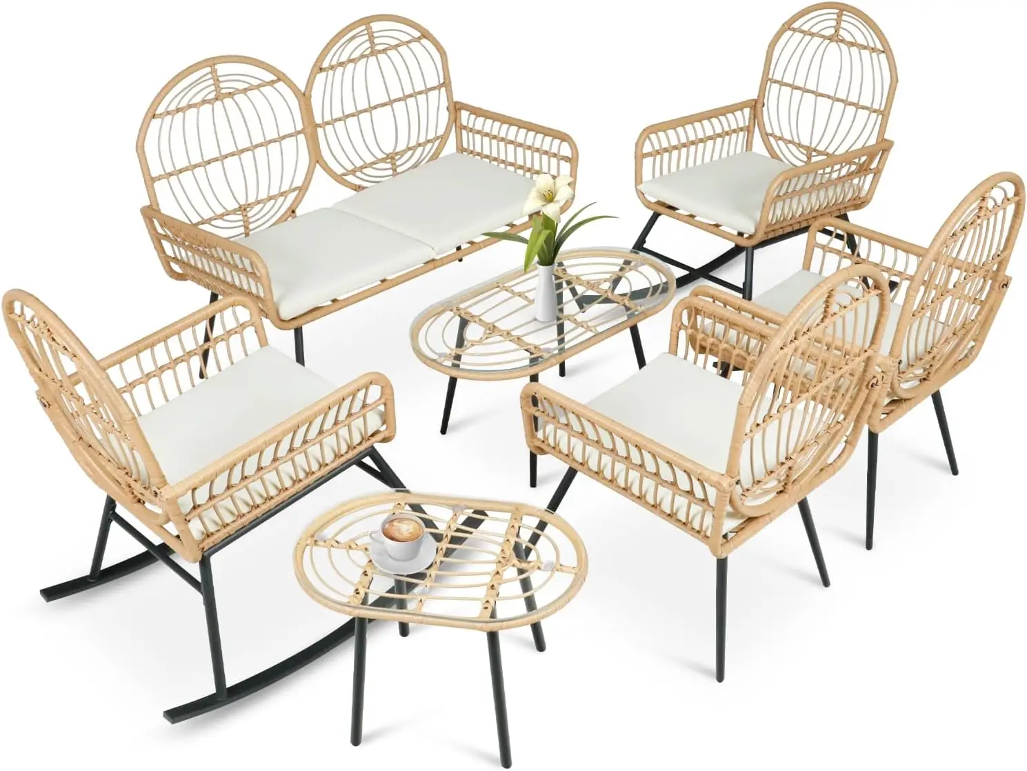 7-teilige Boho-Terrassenmöbel-Sets, gepolstertes Sitzsofa, gepolsterte Schaukel stühle, Beins tühle und Couch tisch