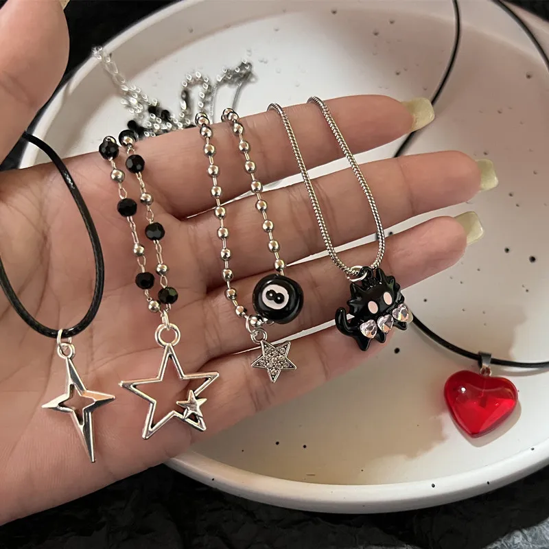 Kpop Goth Vintage Punk Star Black Cat Red Heart Pendant Rope Necklace For Girl Y2k EMO Halloween 90s Grunge Jewelry Accessories