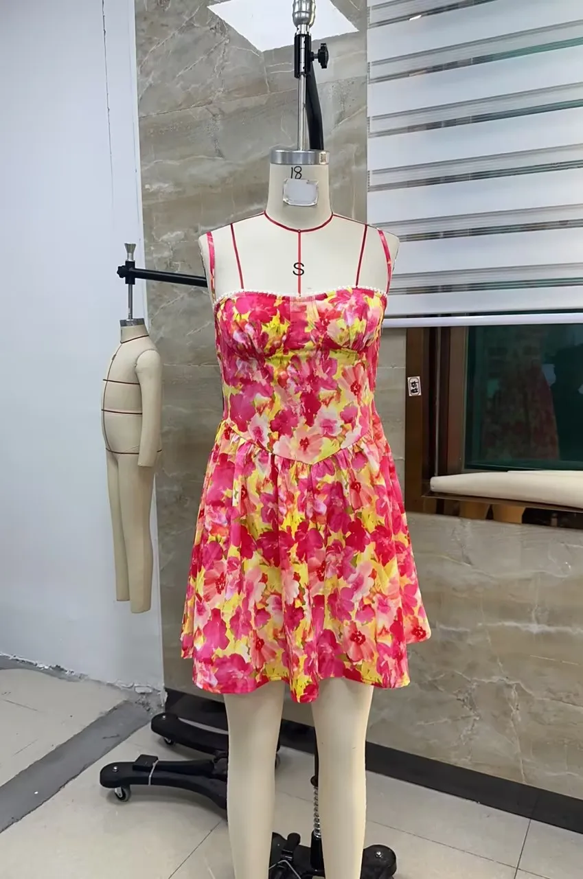 ผู้หญิงฤดูร้อนดอกไม้พิมพ์ชุดมินิสปาเก็ตตี้ A-Line Cami ชุดแฟชั่นแขนกุด Casual Sundress สําหรับปาร์ตี้วันหยุด