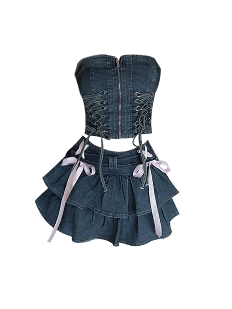 Summer Women Gyaru Denim Tide 2000s Aesthetic Hot Sexy Rave Y2k Outfits 2 Piece Set Lace Up Tube Tops + Kpop Mini Skirts Ruffles