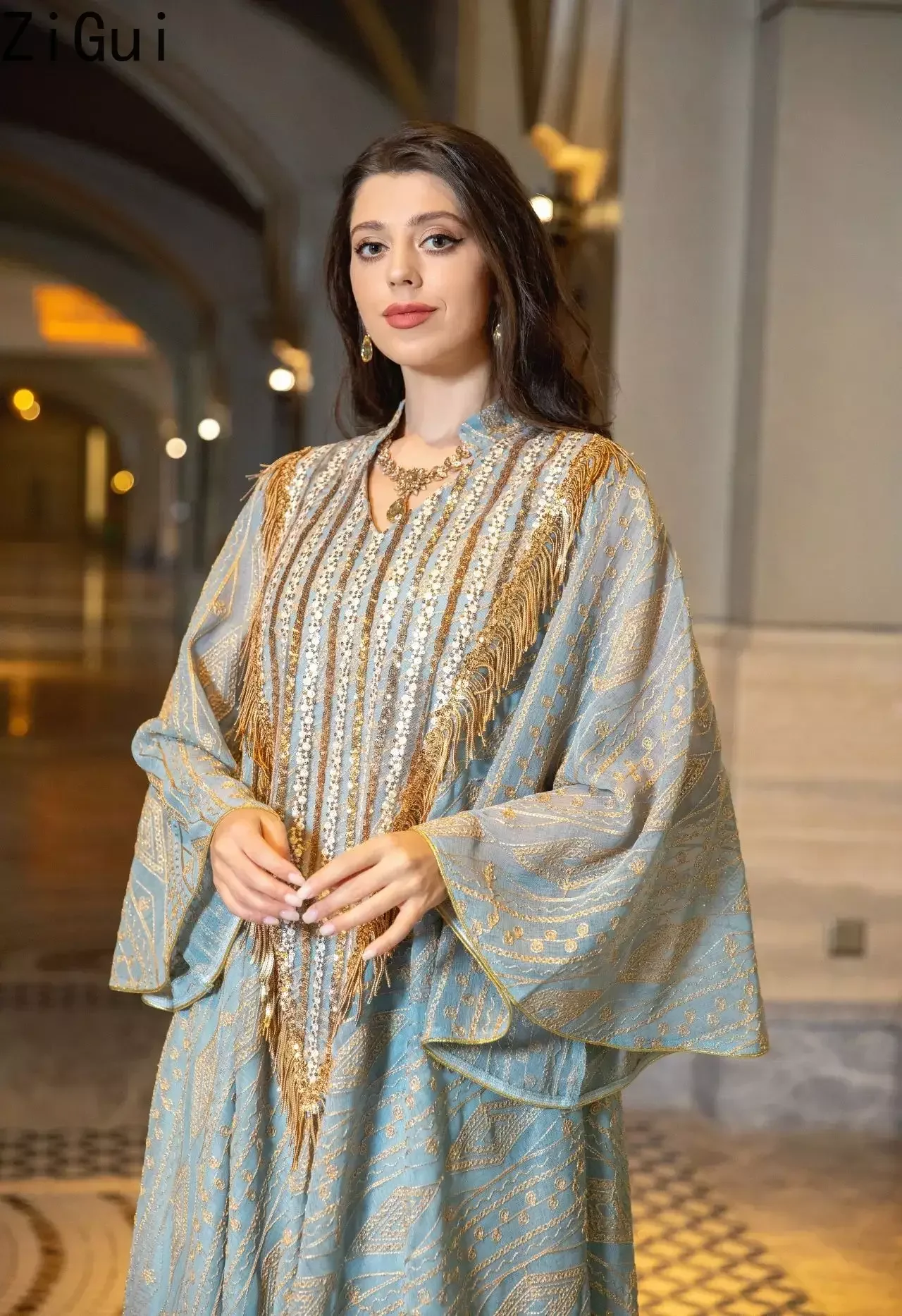 Zigui Jalabya Arabic Dress Women Sequin Tassel Kaftan Long Sleeve Mesh Embroidery Flare Sleeve Muslim Abaya Dress Dubai