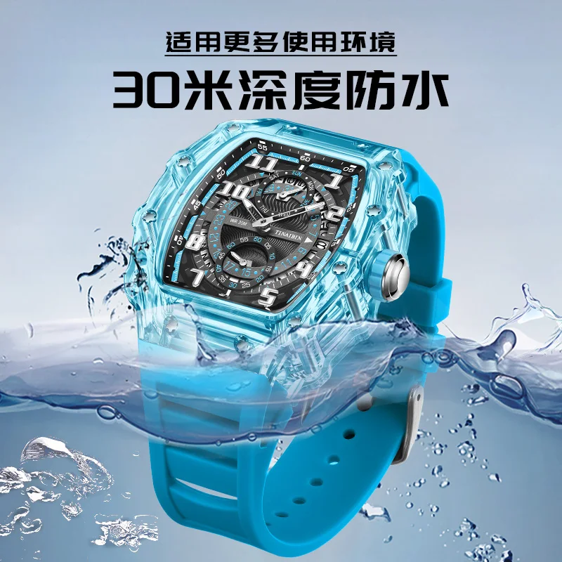 Hot Sale TINAIBIN 6635 Out Size Transparent Watches for Man Waterproof Waterproof Rubber Calendar reloj hombre Tonneau