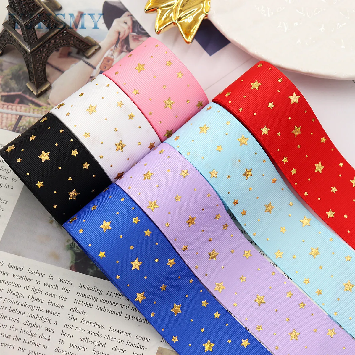 Star Gold Foil Satin Ribbon for Gift Wrapping for Crafts, Hair Bows Making, Wreaths, Flower Bouquets and DIY Sewing Decoratio