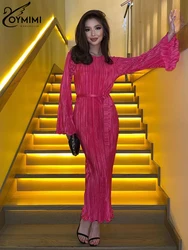 Oymimi Bodycon Pink Pleated Womens Dresses 2023 Fashion Slim O-Neck Long Sleeve Ankle-Length Dress Elegant Classic Lace-Up Dress