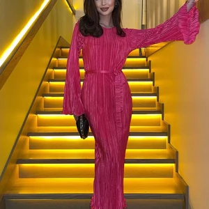 Odimi-Pelsado Frauen plurisches Einkommen, Ausschnitt in O, Langarm, dünn, Knöchellänge, elegant, klassisch, fashion, 2023 8 Hauptverkäufe rosa Kleid rosa - №8