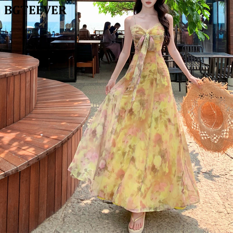 

BGTEEVER шикарное стильное женское платье на тонких бретельках с принтом, летнее элегантное женское платье трапециевидной формы с тонкой талией и цветочным принтом