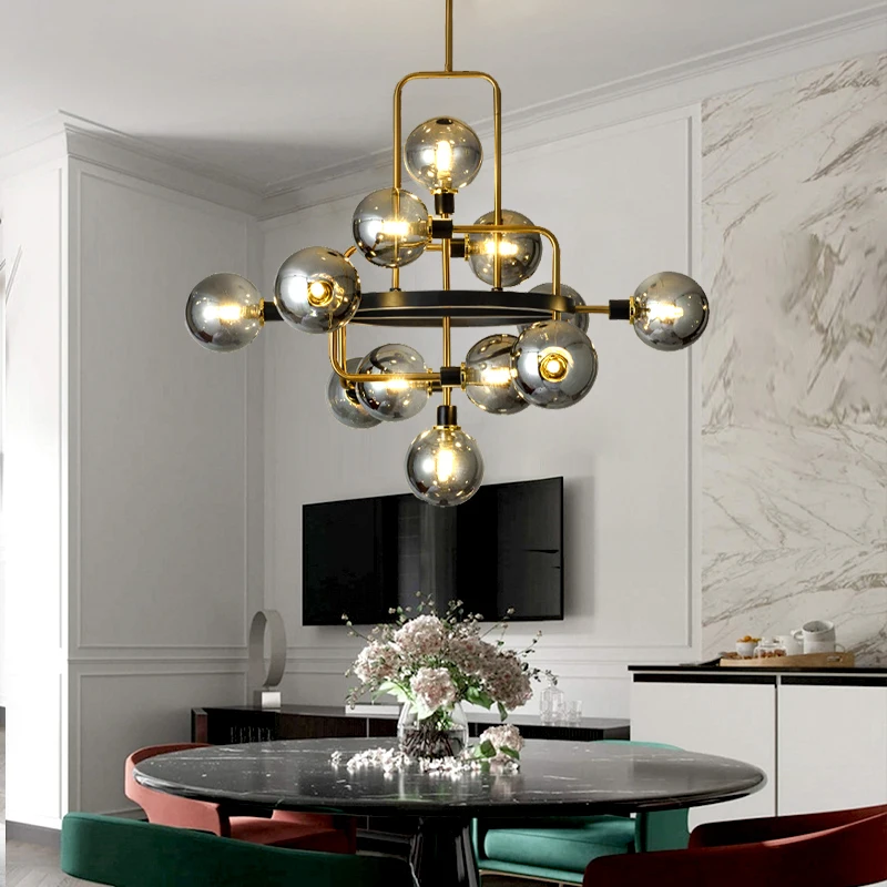 فقاعة زجاجية طويلة ثريات السقف 2024 المنزل Led الإضاءة الذهبي الأسود الحديثة مصابيح معلقة لغرفة المعيشة ديكور لماعة