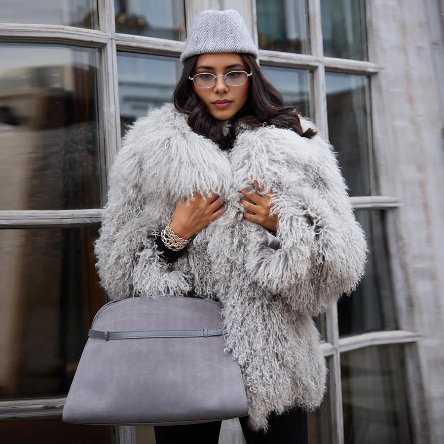 

Winter Natural Sheep Fur Coat With Round Collar Mongolian Fur Jacket Black Sheepskin Coat New Style Leather Jacket Women