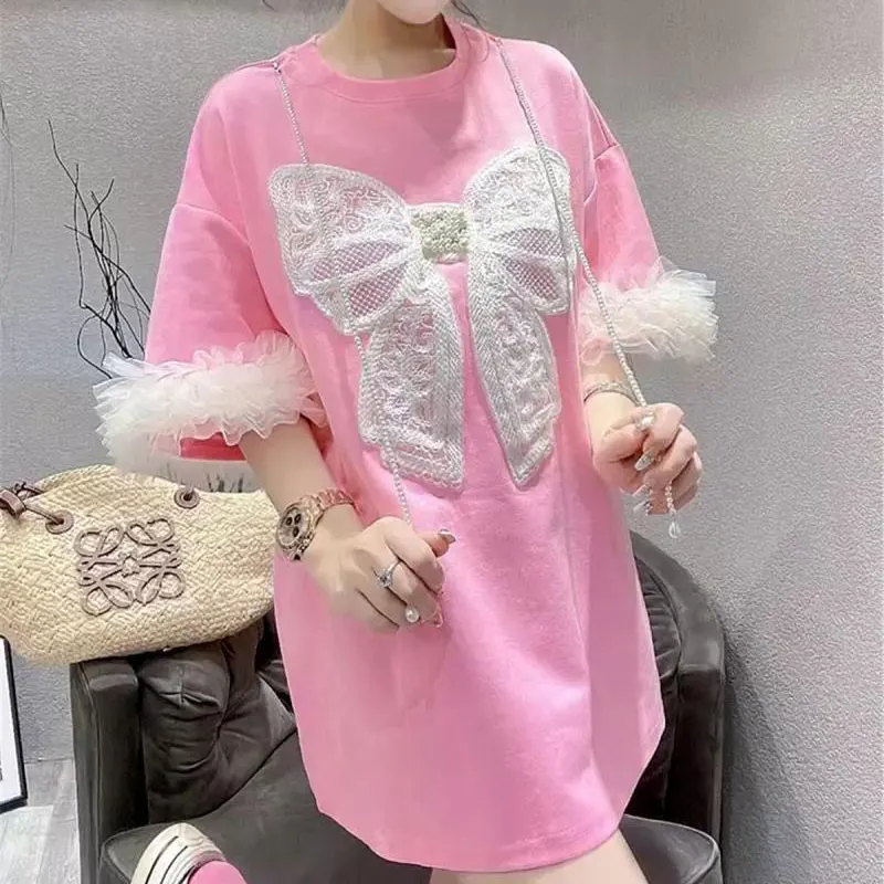 

Korean Sweet Bow Lace Pullovers Women's Clothing Short Sleeve Stylish Chain Gauze Patchwork Summer Loose Casual O-Neck T-shirt