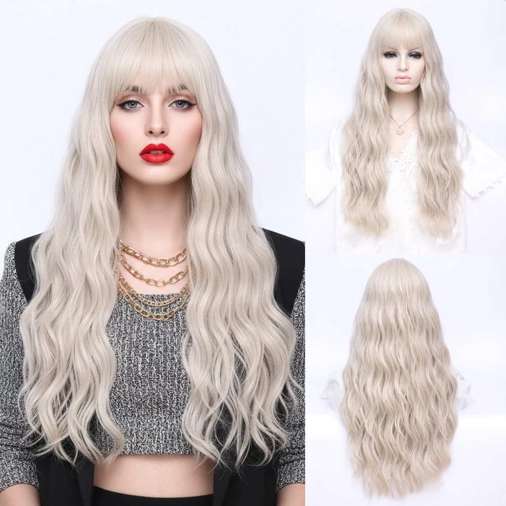 

Длинный волнистый синтетический парик блондинки с челкой, термостойкий для женщин, игровой персонаж, косплей