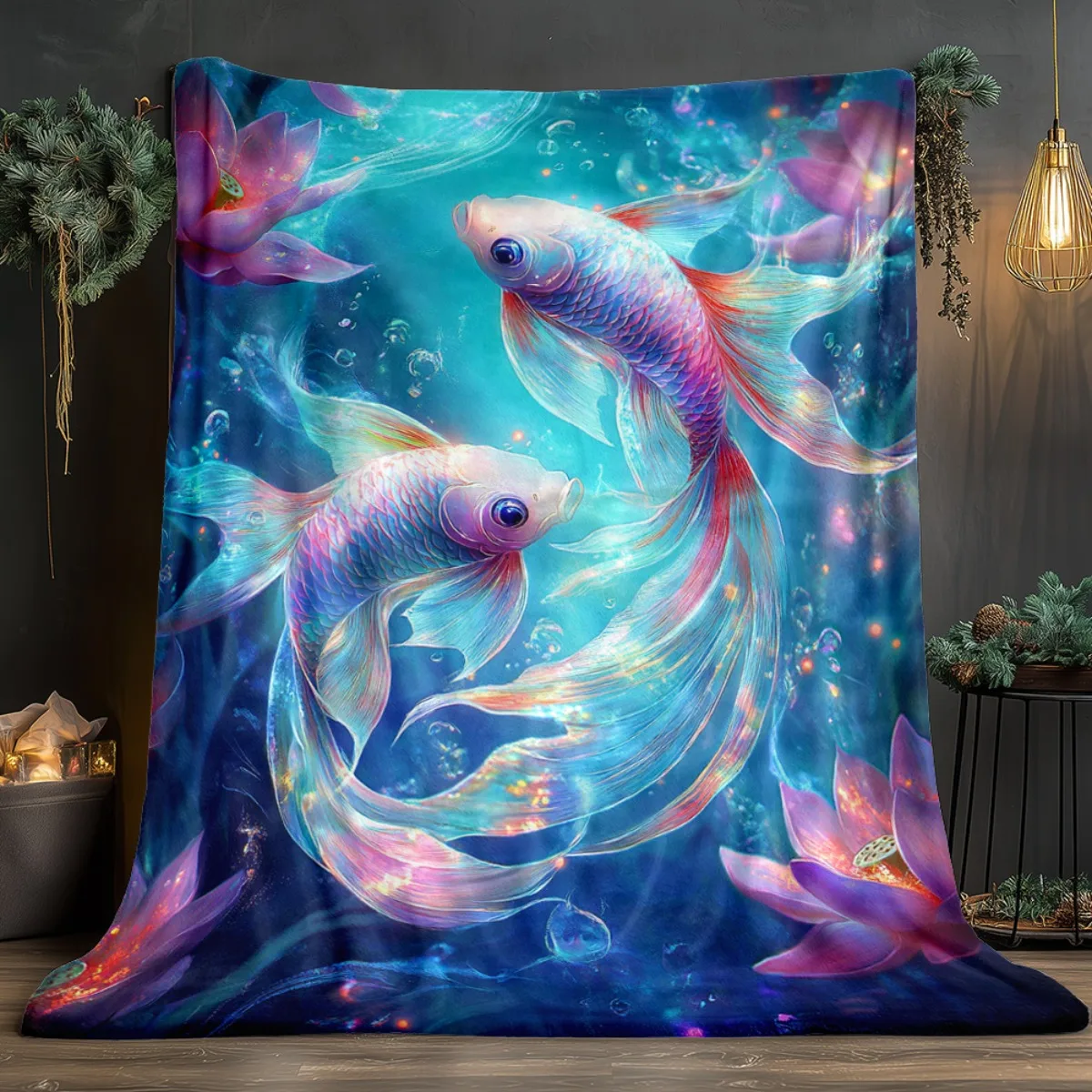 Colorful koi fish lotus flower underwater scene soft flannel blanket aquatic art design living room bed cover decorative blanket