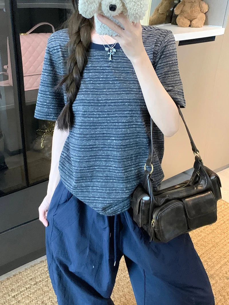 

Faionable полосатая футболка ort Sve больших размеров, женский корейский универсальный летний топ, удобный круглый топ из смеси хлопка Ne