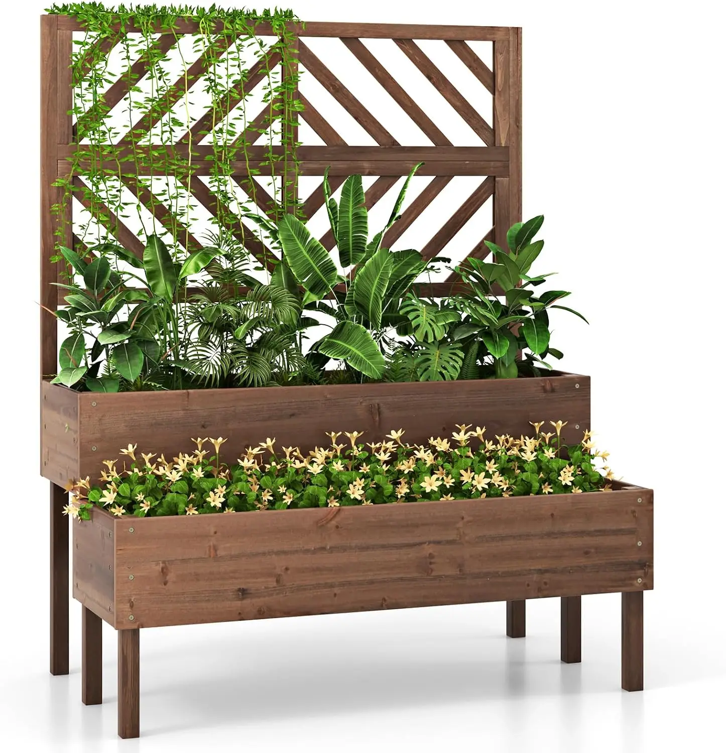 Raised Garden Bed with Trellis 2 Tier Wooden Elevated Planter Box with Legs Drainage Holes Standing Wood Flower Vegetables Planter Pot Outdoor Brown