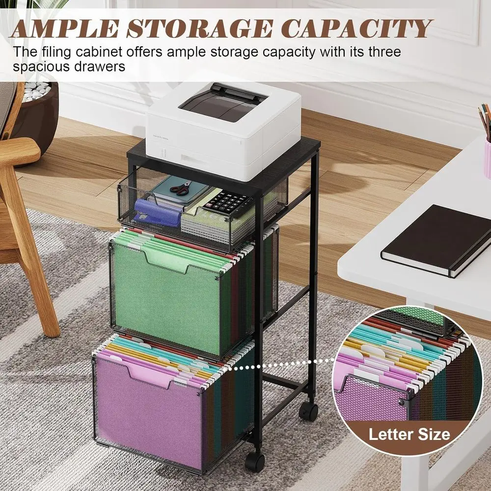 Black Rolling 3-Drawer File Cabinet for Home Office, Lockable, with Hanging Folders and Printer Stand