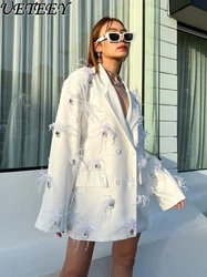 Autumn New French Style Rhinestone Feather Suit Jacket Women Elegant Double-Breasted Loose White Suit Blazer Coat Office Lady