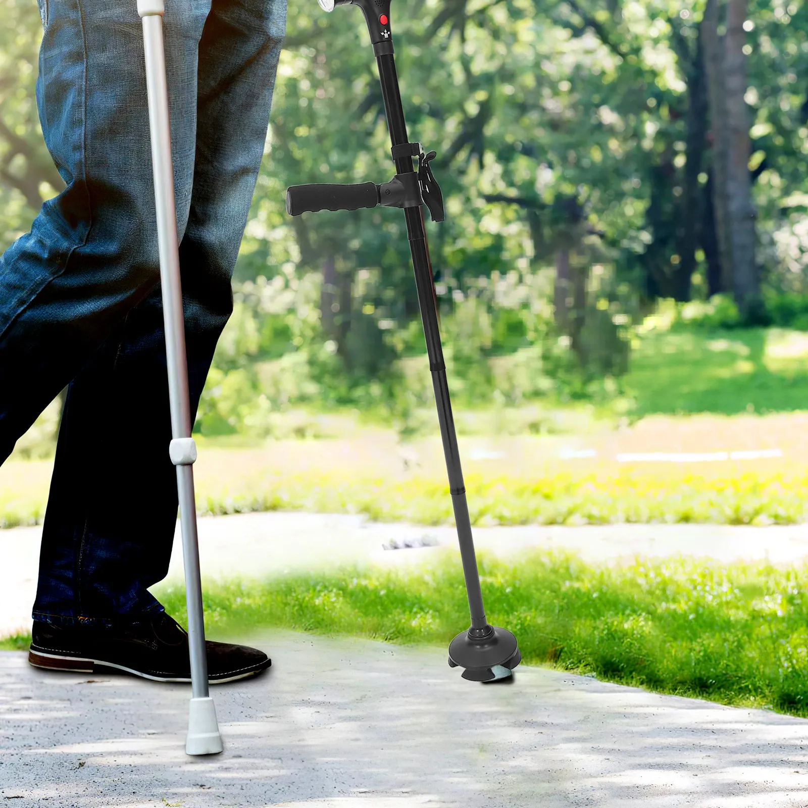Telescopic Folding LED Cane Elder Walking Stick Adjustable Height 5-Level Collapsible Alarm Button Stable 4-Foot Rotatable Base