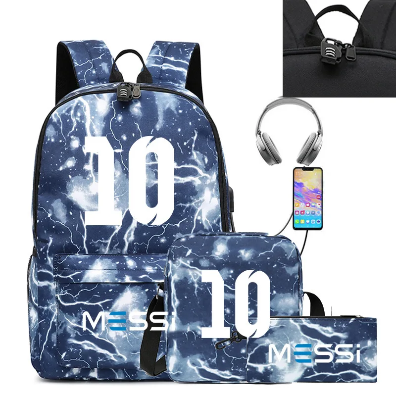 Messi Backpack 3pcs Usb Waterproof Backpack Casual Travel Backpack Women Men Large Capacity Travel Laptop Backpack School Bags