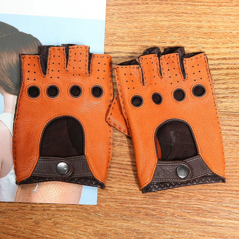 Real Leather Semi-Finger Men Gloves Anti-Slip Driving Breathable Unlined High Quality Deerskin Gloves Male D0132