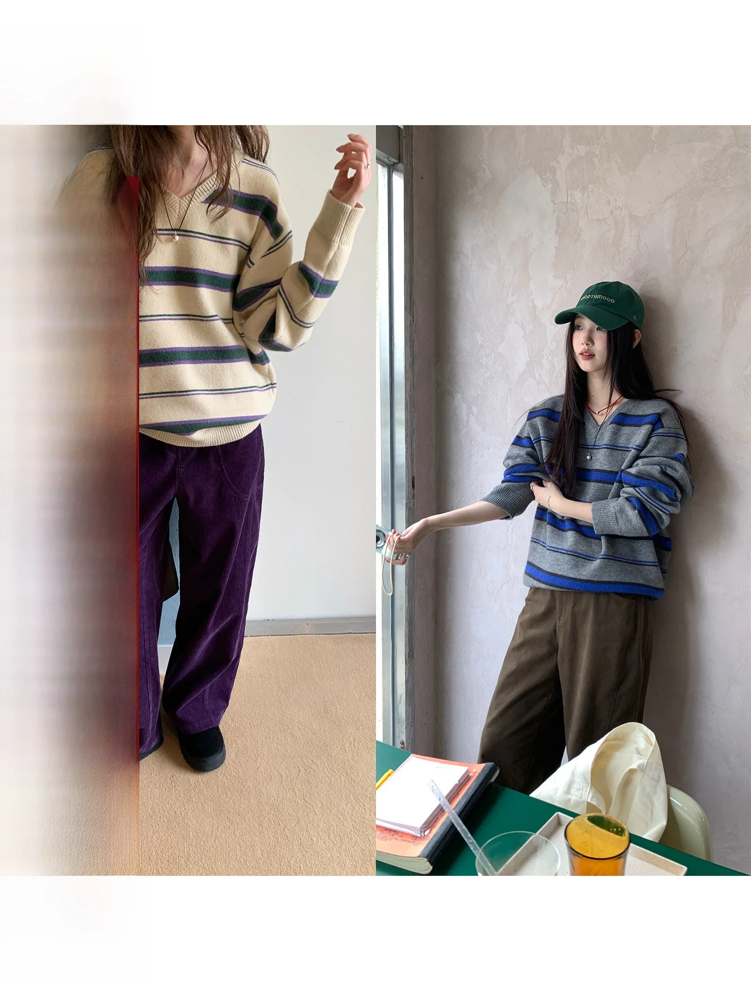 

Rainy Korean Sle Casual Loose V-Ne Striped Sweater Women's Autumn Winter Vintage Color Blo Knitted irt Commute Sle