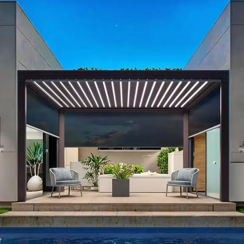 High Quality Smart Folding Outdoor Patio Pergola Gazebo LED Waterproof Aluminium Powder Coated Frame Modern Rectangular Easy