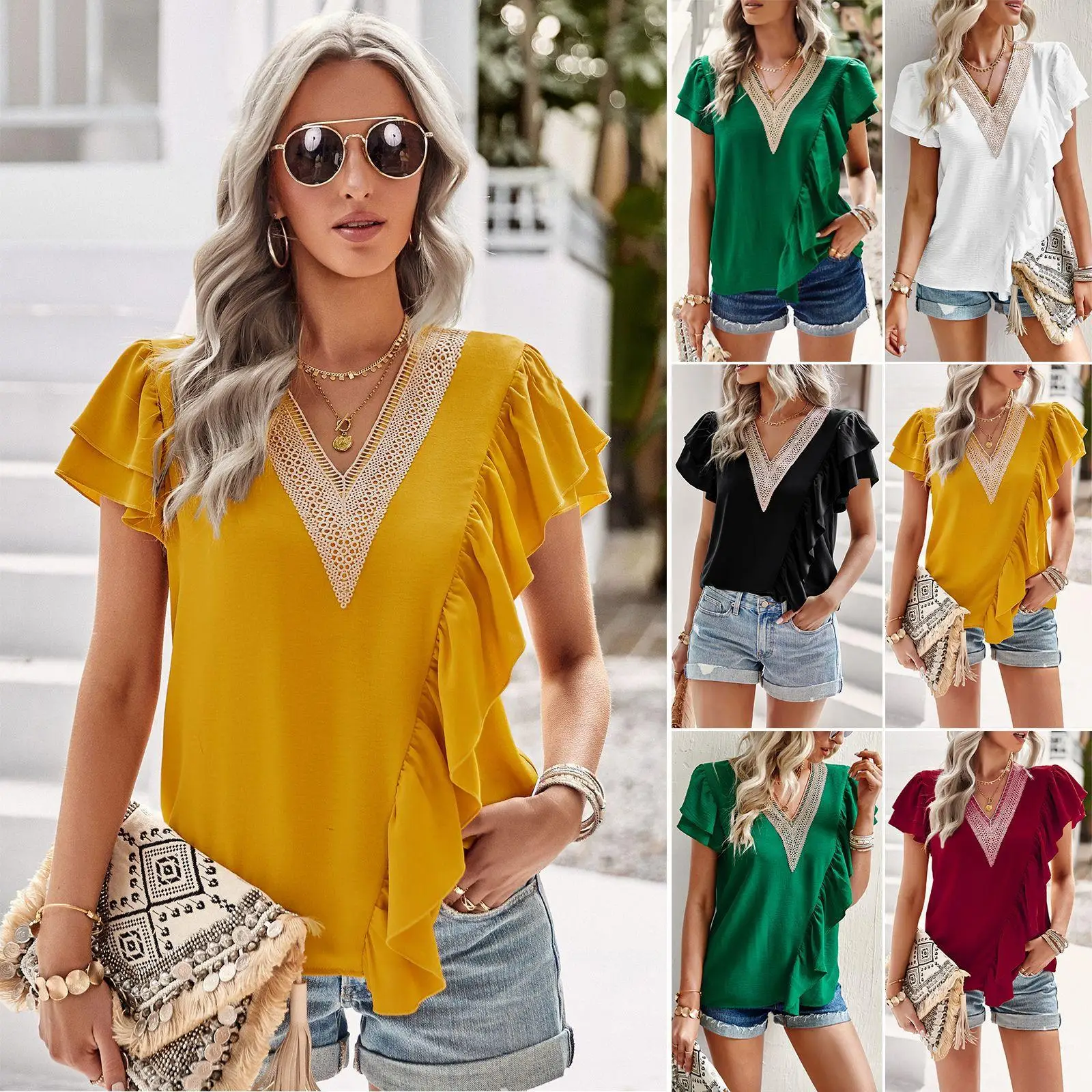 

Ele Summer Commuting ort Sve irt for Women Ruffle Sve Pure Color Polyester Fiber D232066 Brandl Ladies Top