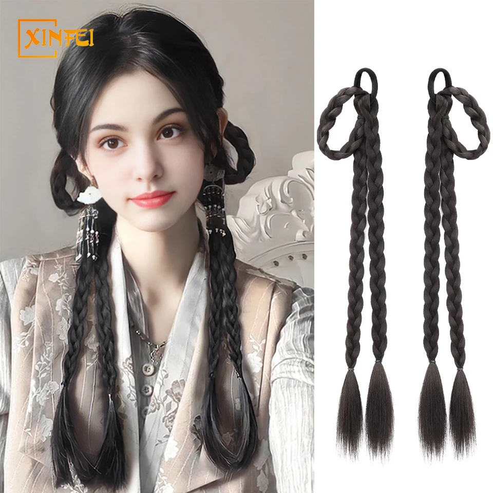 

Synthetic Wig Braid For Female Fluffy Twist Long Braid Sweet And Cool Double Ponytail Hair Ring Boxing Braid