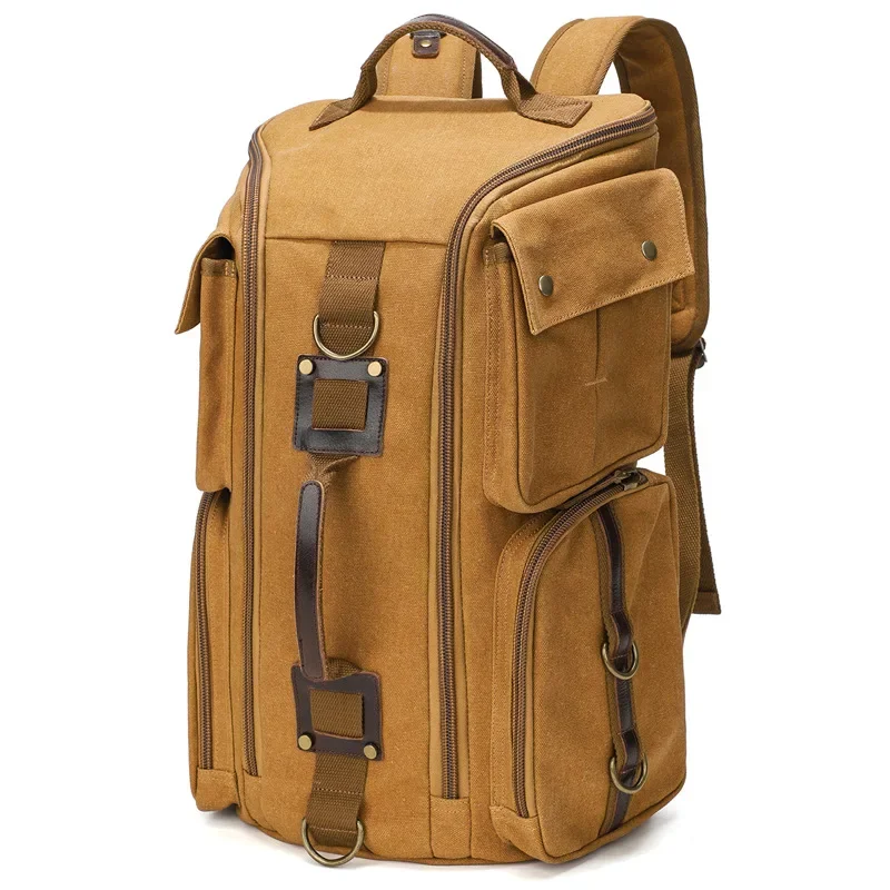 16 Inch Laptop Backpack Vintage Leather Man Waxed Canvas Shoulder Rucksack Carry-On Travel Backpack for Men Women