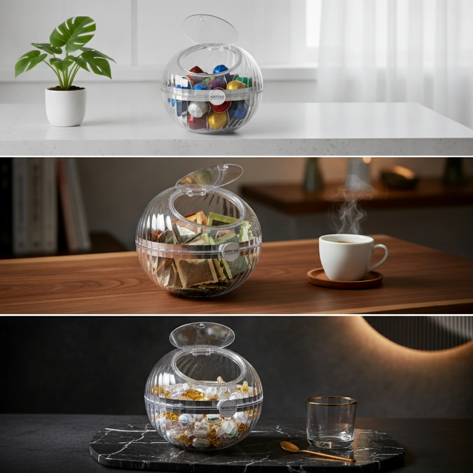 Spherical Storage Box with Hinged Lid Transparent Coffee Pod Storage Box with Lid Coffee Capsule Holder Ribbed Clear Candy Jar - view 6
